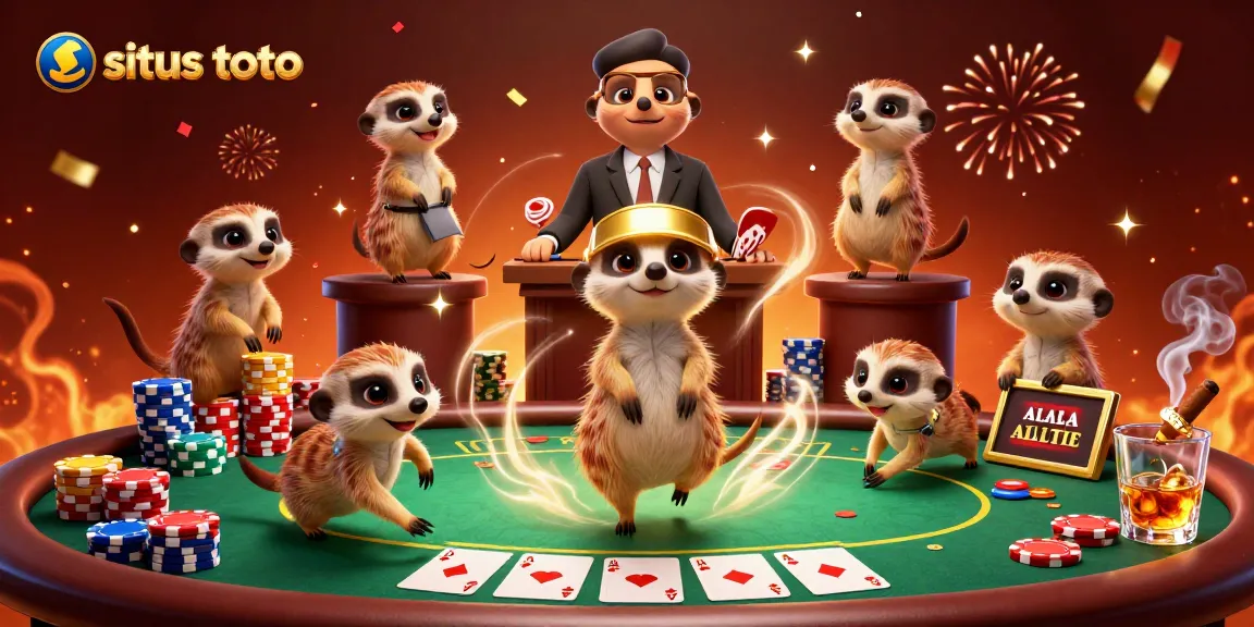 Engage in thrilling situs toto gaming with a lively 3D meerkat casino scene, showcasing excitement and strategy.