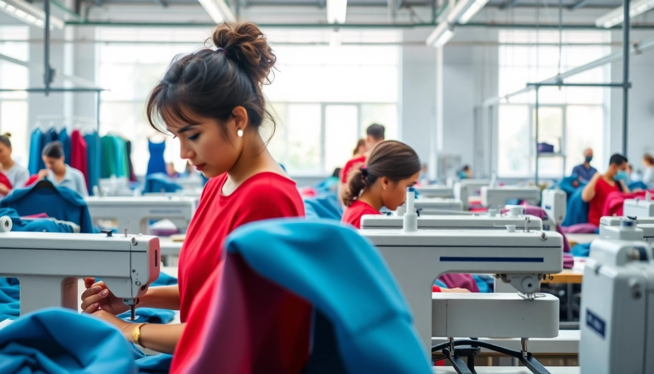 Garment suppliers in China showcased in a vibrant textile factory with skilled workers and colorful fabrics.