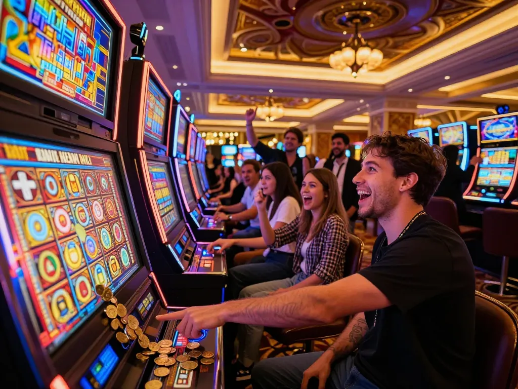 Players enjoying slot machine games at F168COM casino, experiencing thrilling wins and vibrant atmosphere