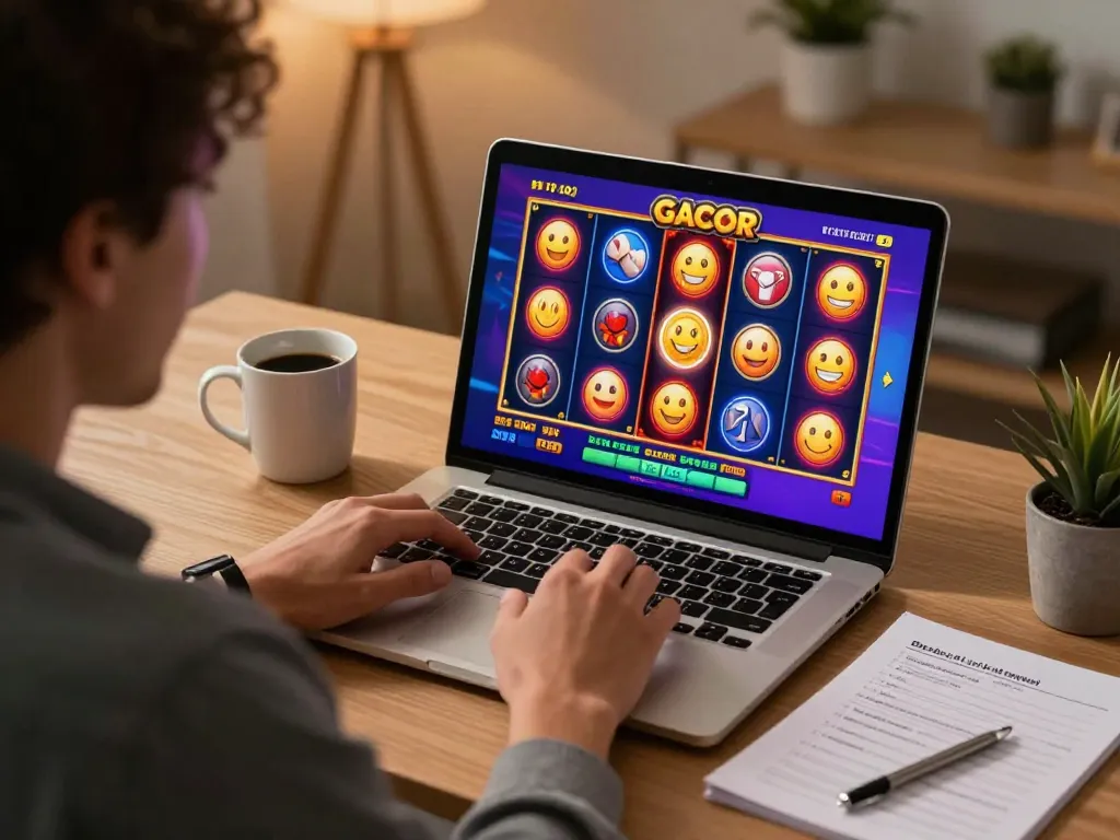 Playing slot gacor on a laptop in a cozy home office with vibrant game action and notes.