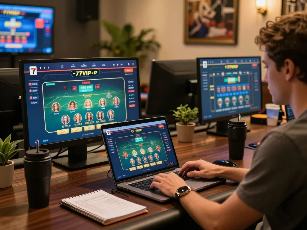 Player engaged in online casino gaming on 777VIP, showcasing live dealer interface on laptop.