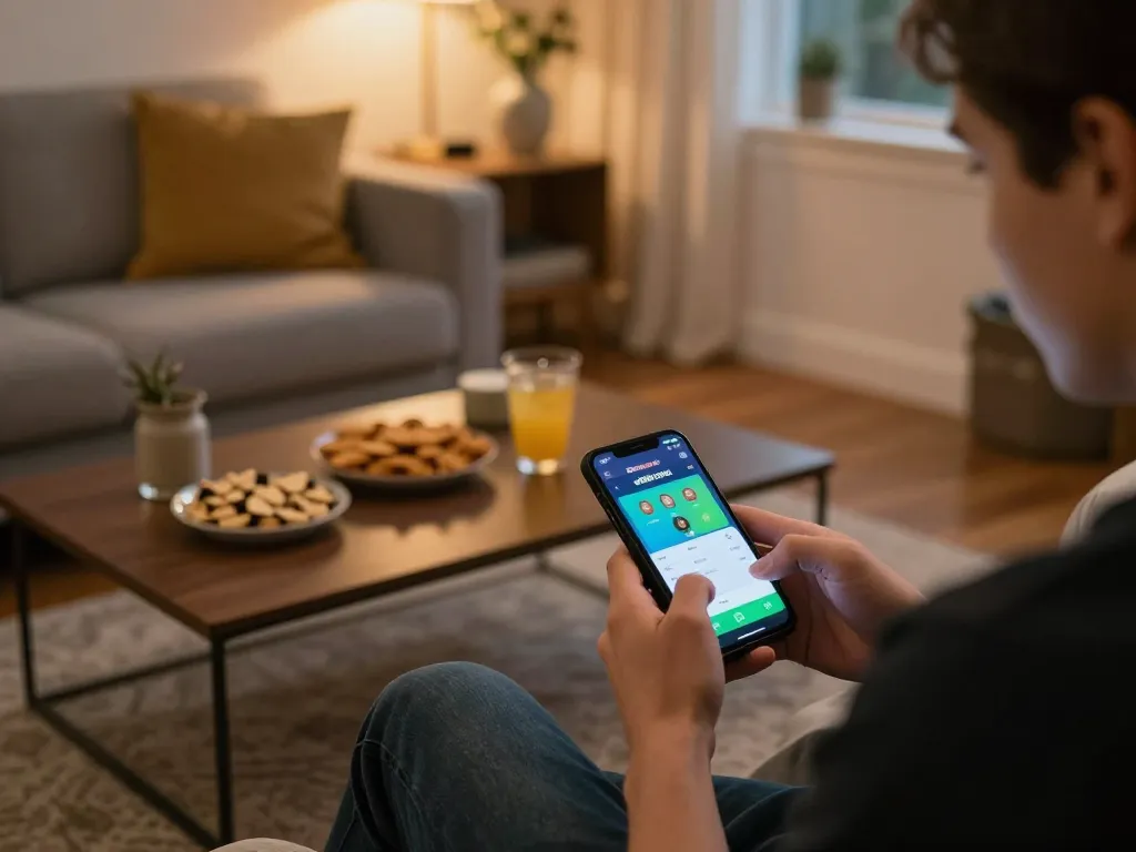 Engaging moment of kdslot gameplay on mobile app in a cozy home setting