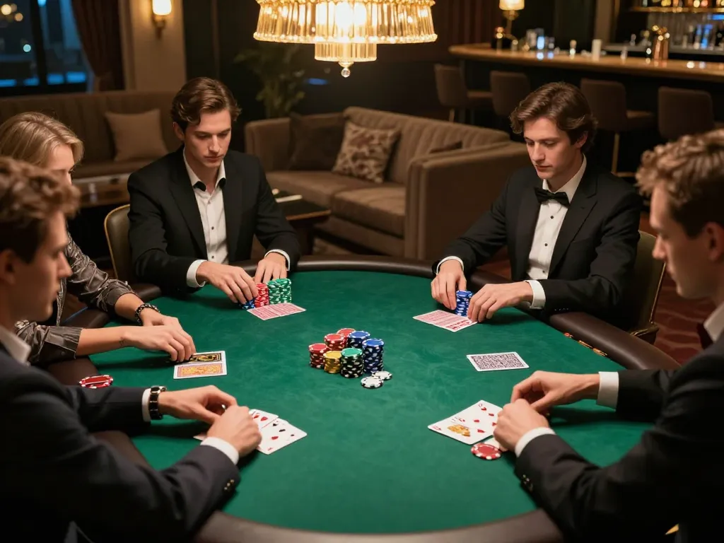 Pemain COMBO99 merencanakan strategi dalam permainan poker dengan taruhan tinggi menggunakan chip dan kartu yang cerah.