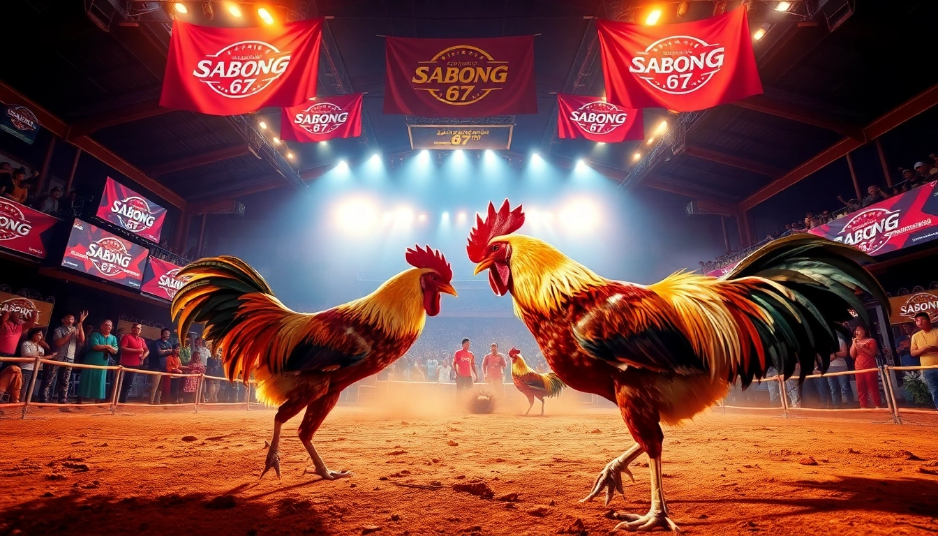 Vibrant action scene of sabong 67 live cockfighting with excited spectators and dynamic lighting.