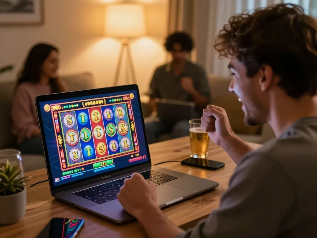 Excited player celebrating a win in an online casino USA game at home
