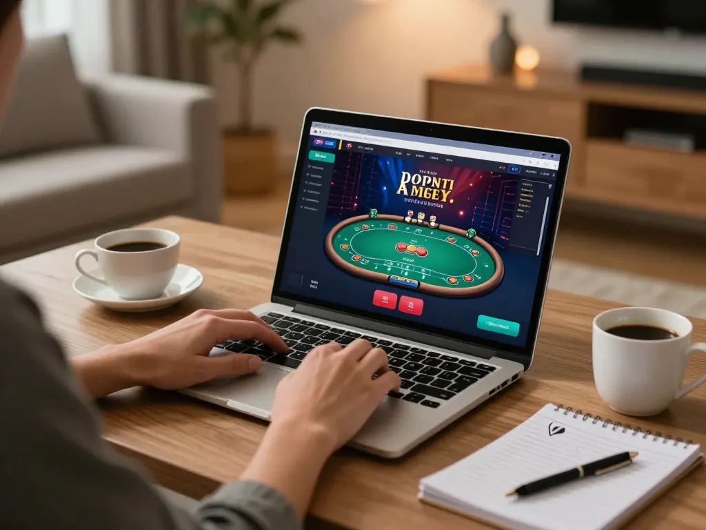 Layar login BAYITOTO ditampilkan di laptop selama sesi permainan online yang santai, menekankan pengelolaan bankroll yang strategis