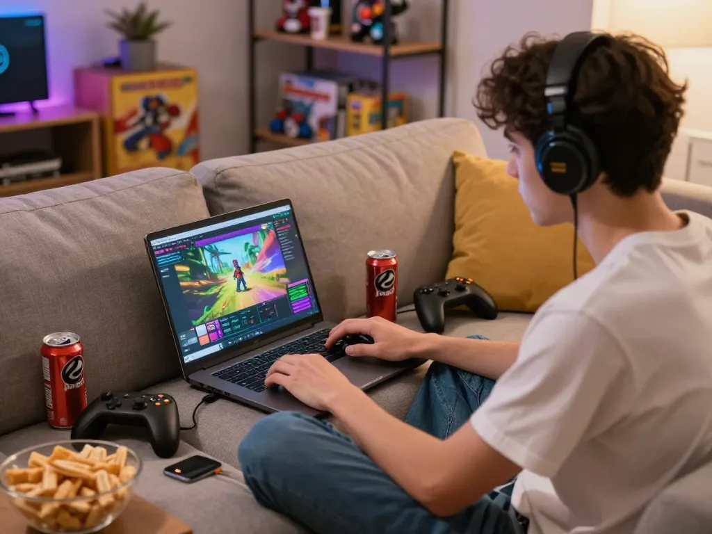 Seseorang bermain judi pragmatic online di ruang tamu yang nyaman dengan aksesori gaming.