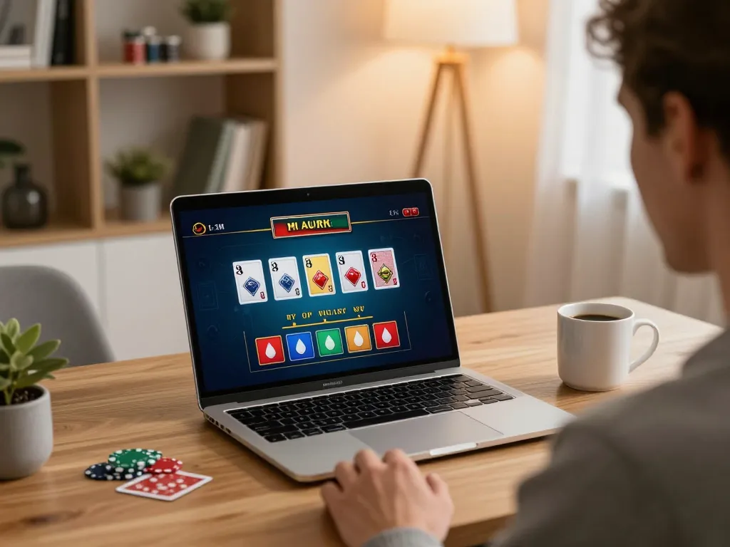 Player enjoying live dealer games on MMOO laptop in a cozy home office setting