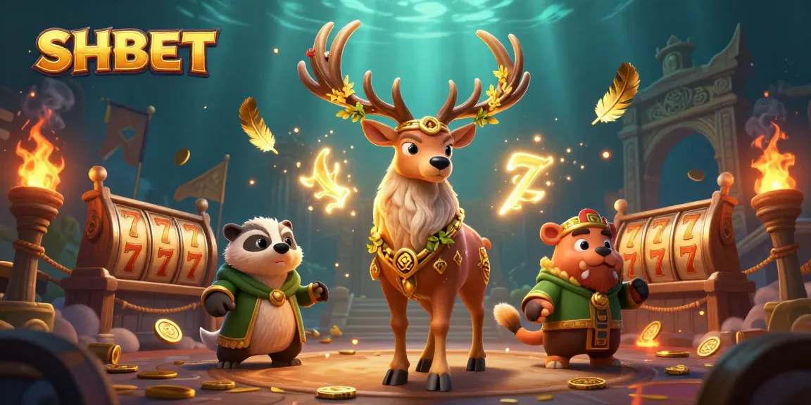 Engage with SHBET's dynamic gaming scene, featuring a 3D animated stag and badger amidst gold coins and exciting slots.