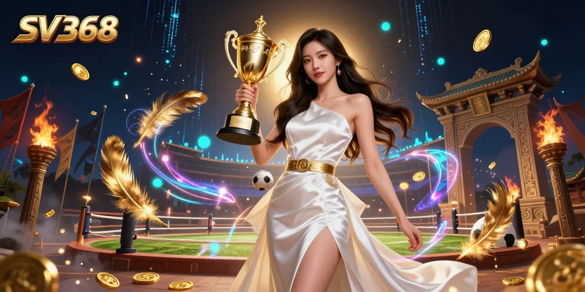 Experience the thrill of SV368 sports betting with a stunning Asian woman celebrating victory in a vibrant, dynamic casino scene.
