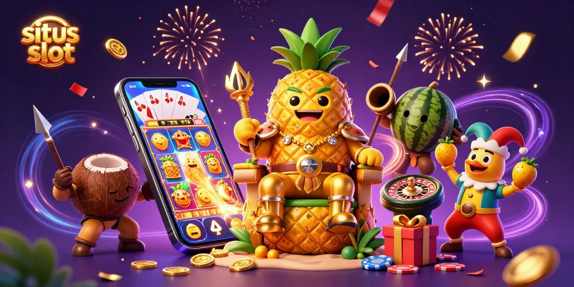 Engage with situs slot gaming excitement featuring a golden pineapple king and vibrant slot elements.