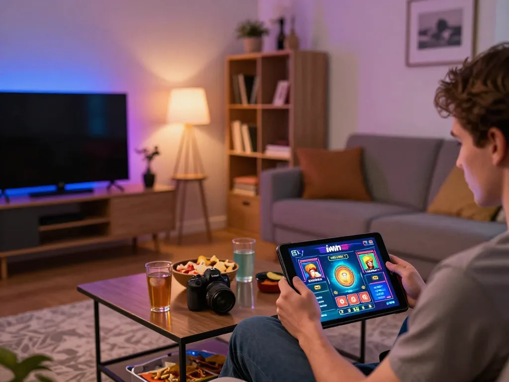 The person plays casino games on iwin app, enjoying a cozy home atmosphere with snacks.