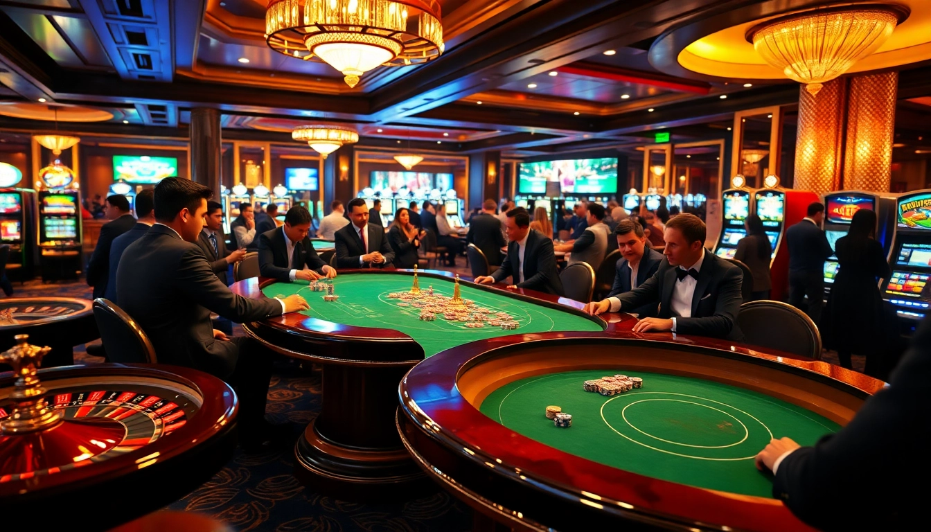 Thrilling gambling scene showcasing luxury gaming at https://98win3h.io/ with poker tables and roulette wheels.