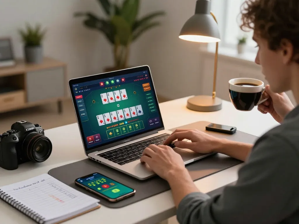 Player engaging in live dealer blackjack on PLANET88 at home, showcasing a modern setup and strategic gameplay.