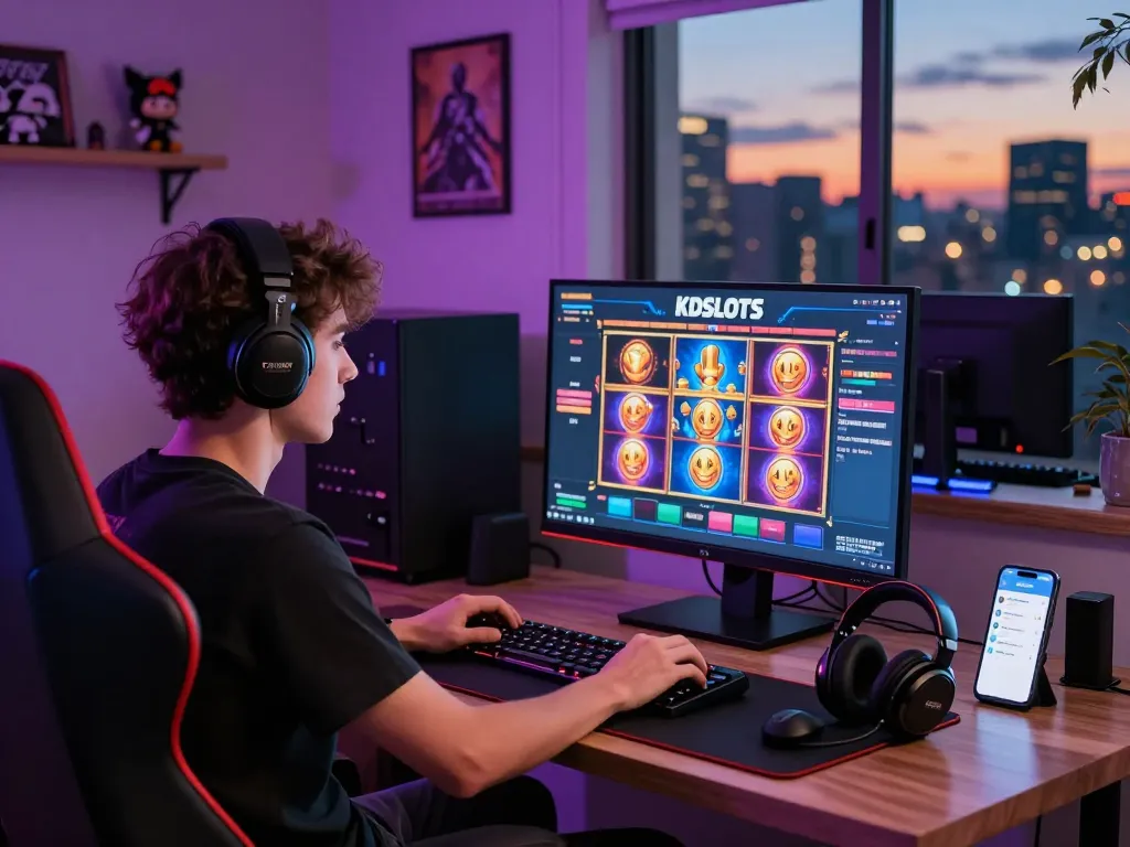 Engaged user playing on the kdslot platform with vibrant graphics and cozy gaming nook.
