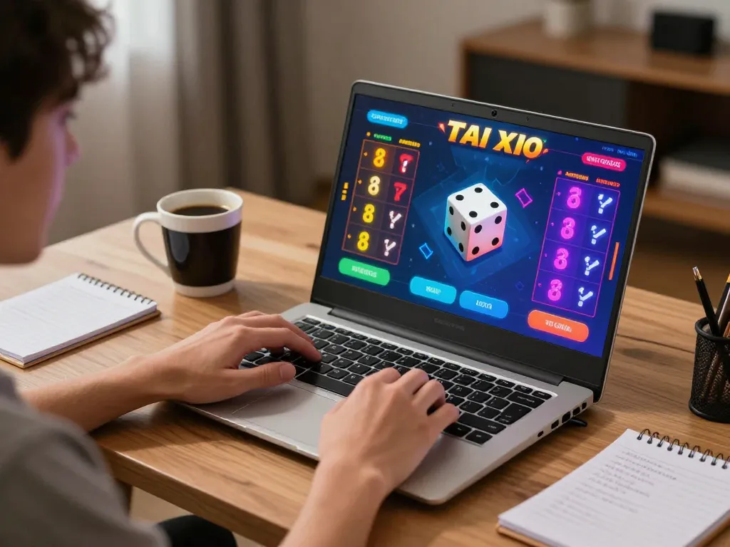 Engaged player enjoying tai xiu online with high-tech setup, showcasing vibrant game interface and personal notes.