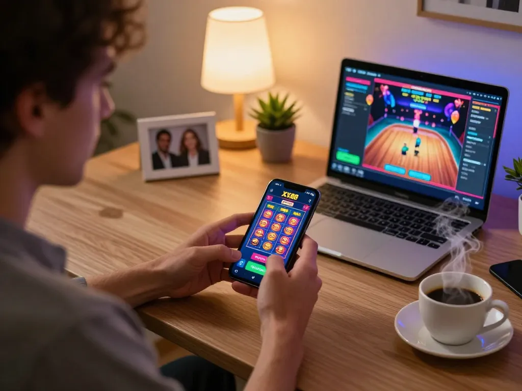 Play slots on the XX88 casino app in a cozy home setting with warm lighting.