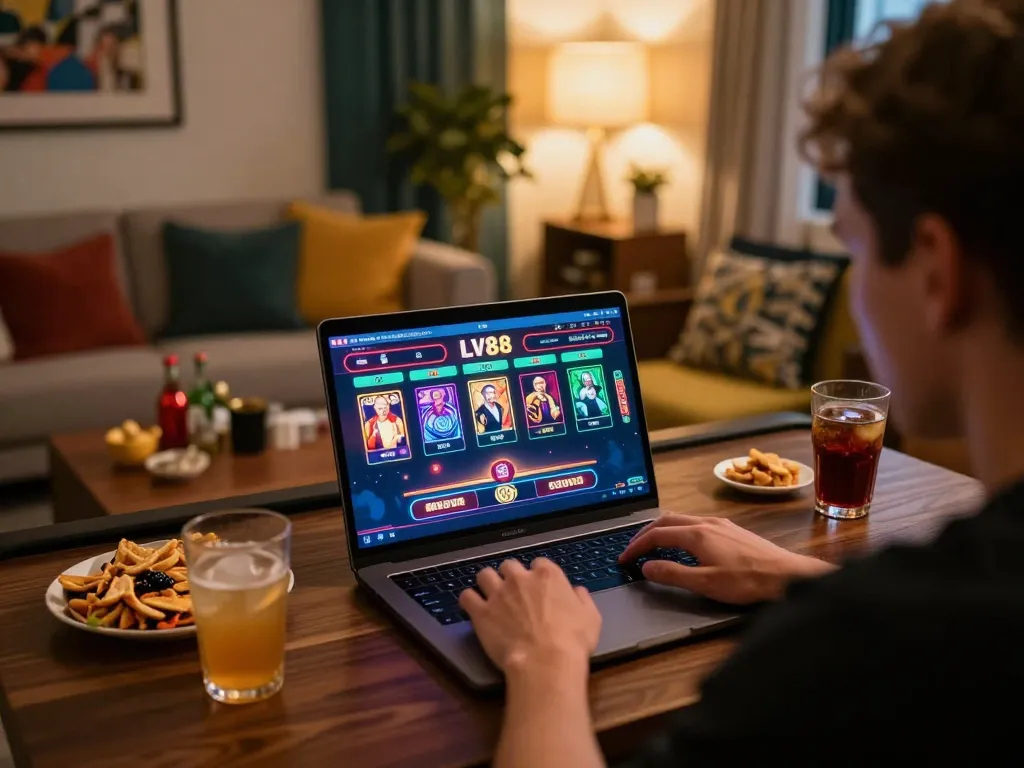 Player engaging with LV88's online casino on laptop, showcasing vibrant gaming interface and strategic focus