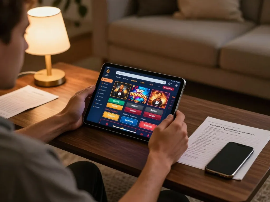Engaging with the MK8 online casino app at home; a player analyzing betting strategies on a tablet for effective gameplay.