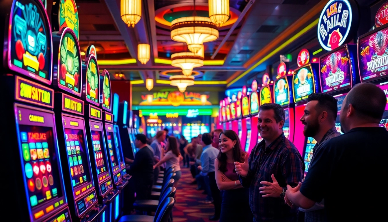 Experience thrilling y3娛樂 action in a dynamic casino setting with vibrant players and slot machines.