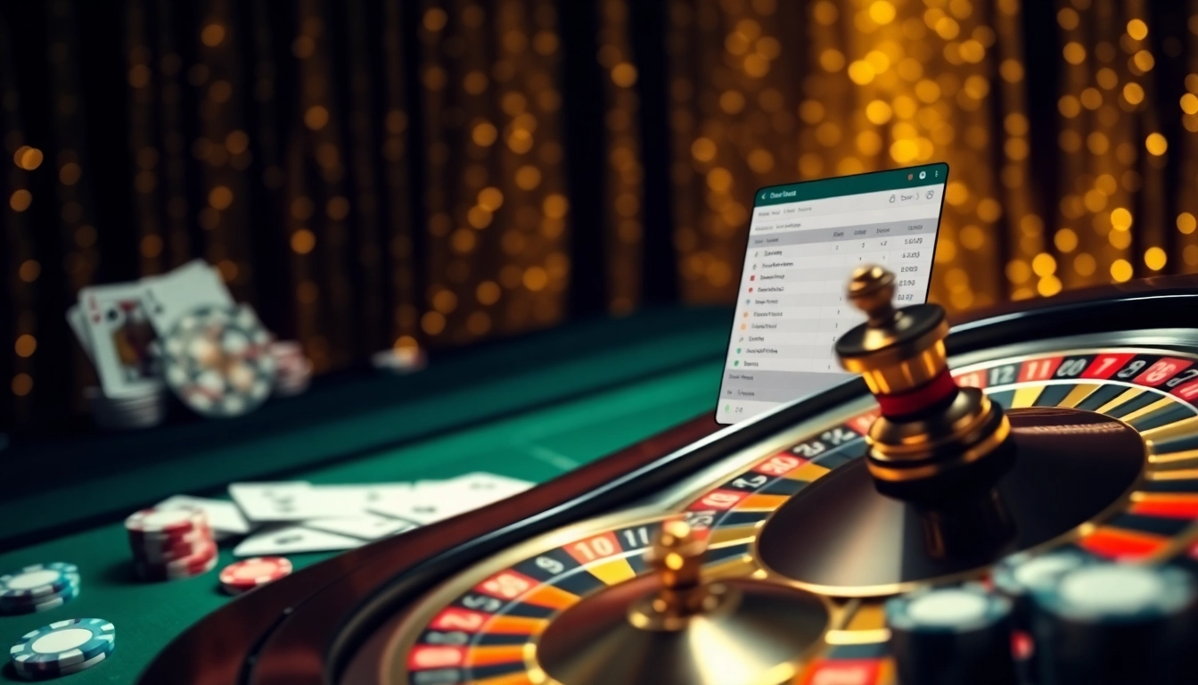 Experience the thrill of winning big at https://luck882.co.com/ with an elegant online casino scene filled with roulette wheels and poker elements.