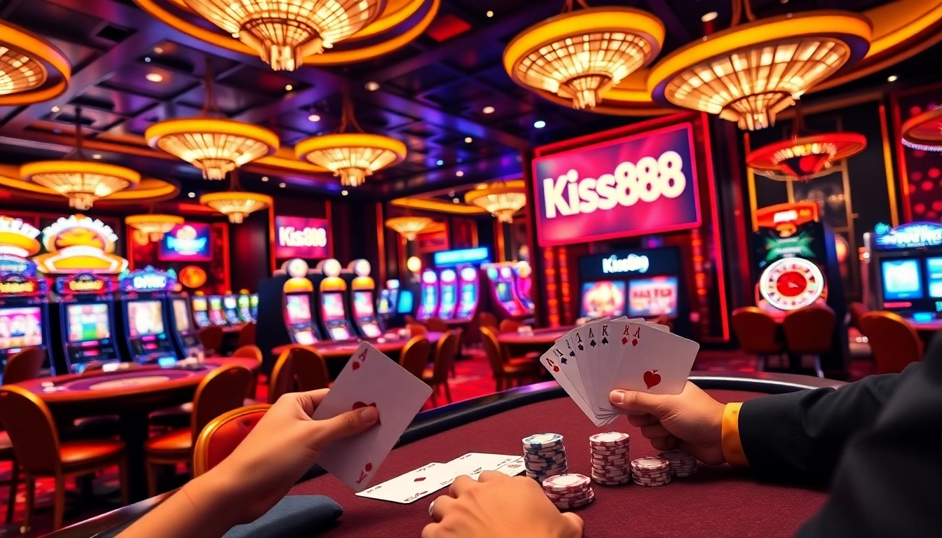 Kiss888 gaming experience featuring poker chips and vibrant casino tables.