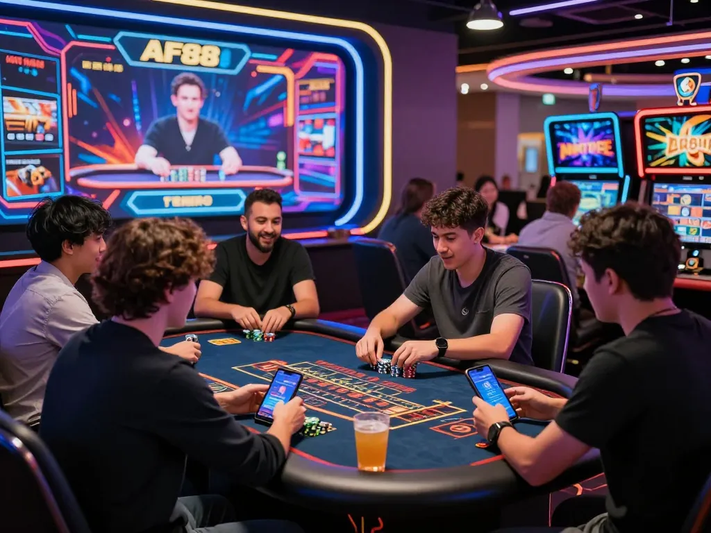 Diverse players enjoying live casino games on af88 com with vibrant LED lighting and engaging atmosphere.