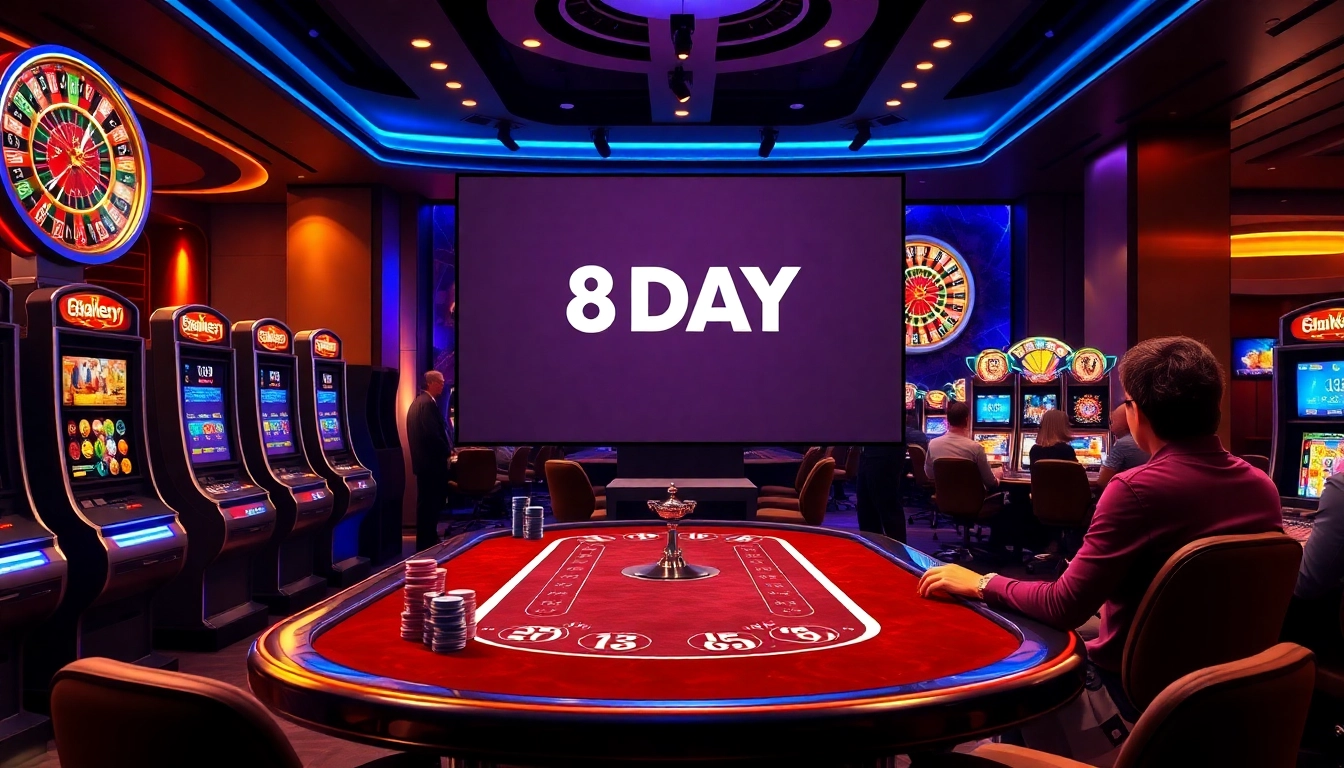 8day players enjoying thrilling casino games with vibrant poker chips and slots.