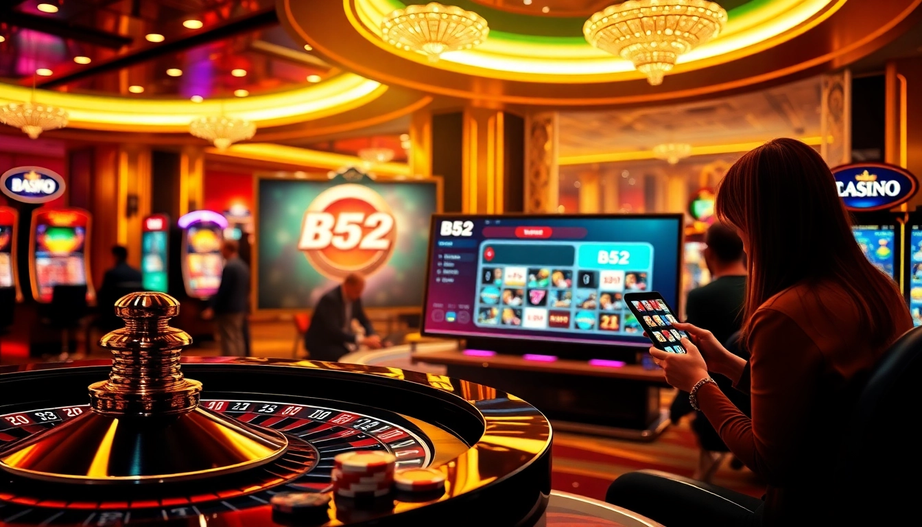 B52 online casino showcasing exciting games like roulette and slots in a luxurious gambling environment.