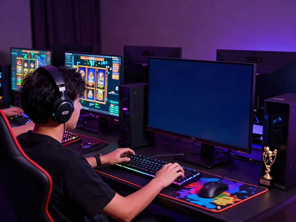 Player immersed in akunjp online gaming, equipped with high-tech gear and vibrant atmosphere.