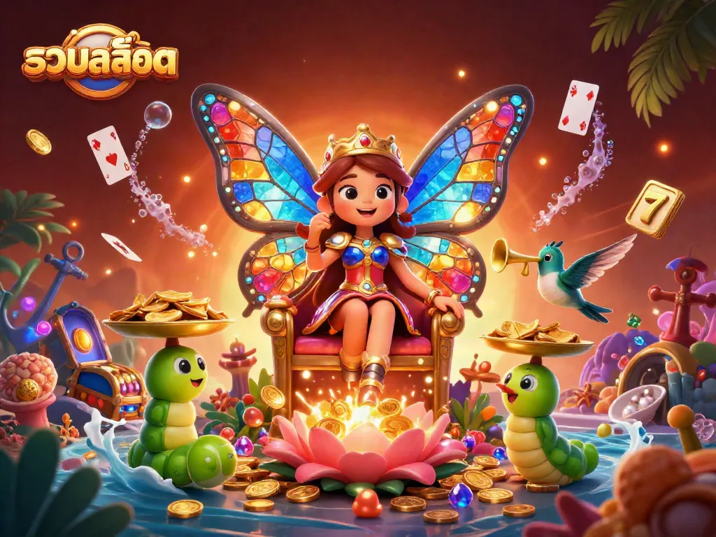 Experience the excitement of รวมสล็อต with our vibrant gaming scene featuring a butterfly queen and treasures.
