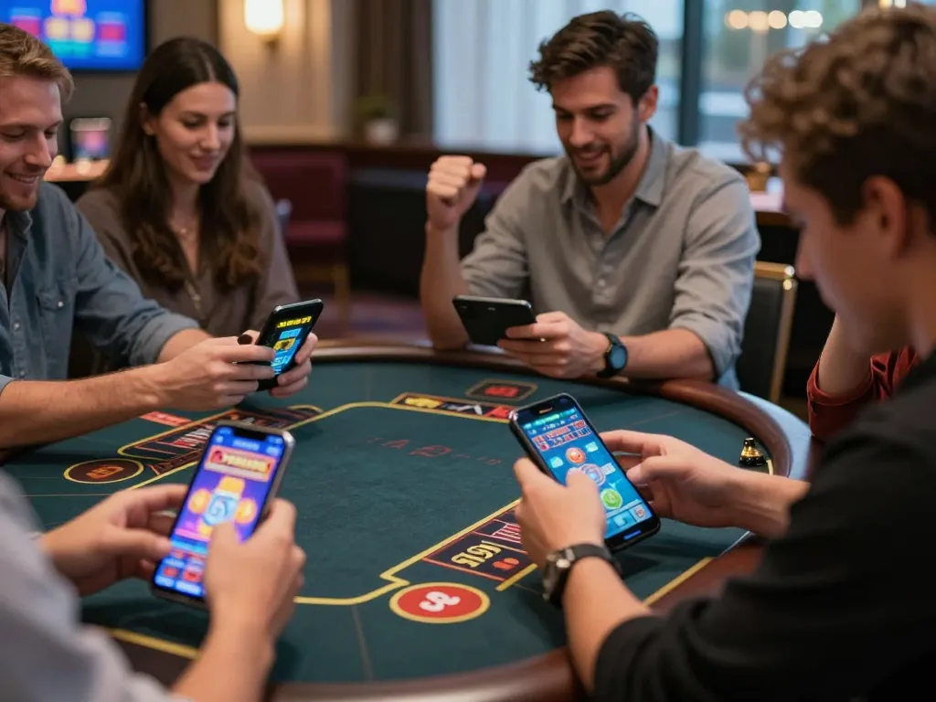 Engaging mobile gambling scene where players tải hitclub game with excitement, celebrating wins on their devices