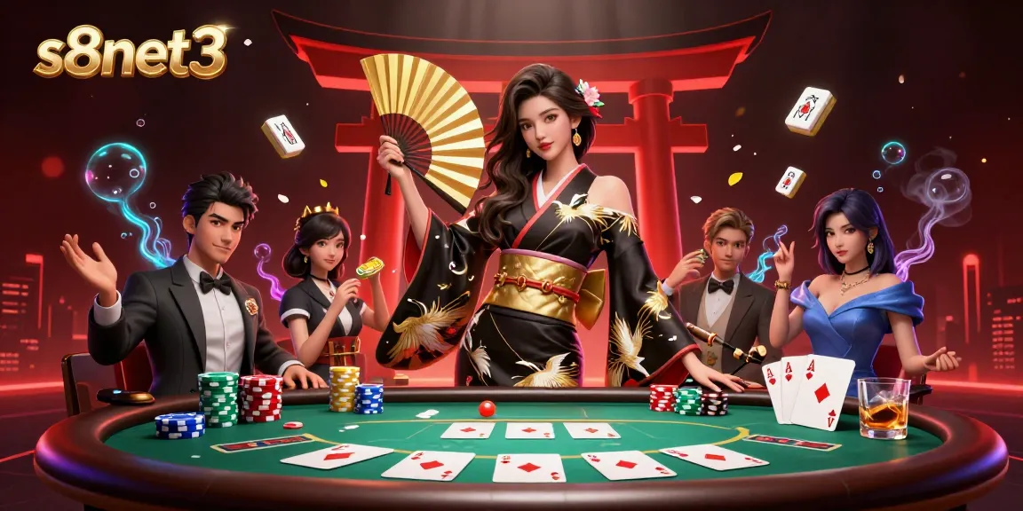 S8net3 showcases elegant Asian woman in casino setting, surrounded by poker elements and mahjong tiles.
