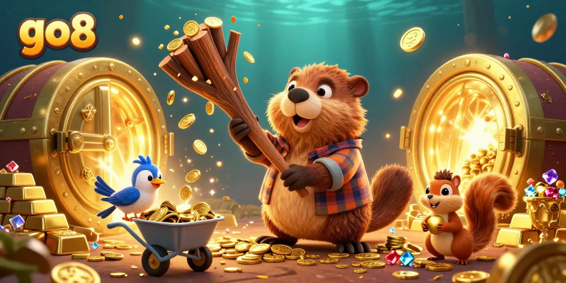 Play at go8's vibrant casino with a 3D beaver character collecting golden coins and treasure.