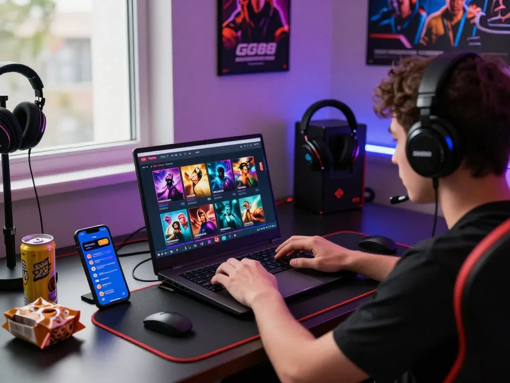 Engaging user navigating https://gg88.mov/ gaming platform in a vibrant workspace, showcasing online betting excitement.