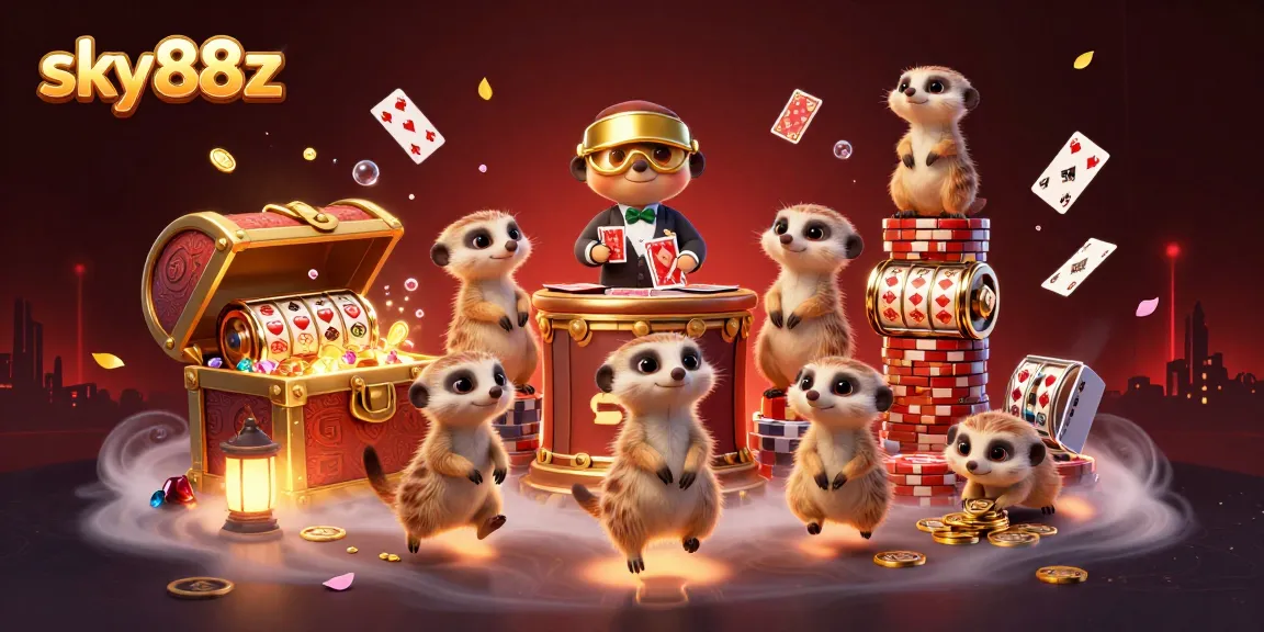 Watch meerkats expertly managing the sky88z casino with vibrant gaming elements and dazzling visual effects.