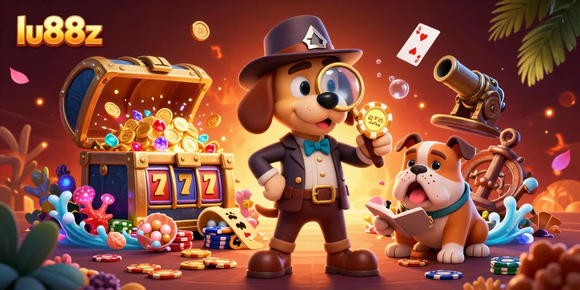 Detectives seek treasure in a lively lu88z casino scene filled with vibrant characters and gaming elements.