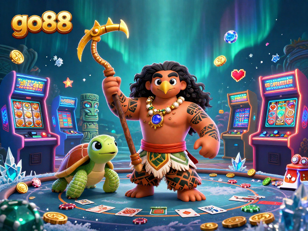 Join the go88 adventure with demigod hawk and turtle in this vibrant casino-themed illustration.