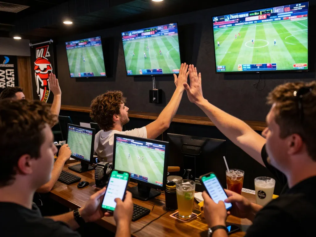 Fans engaging with bsport betting app while celebrating successful bets at a lively sports bar