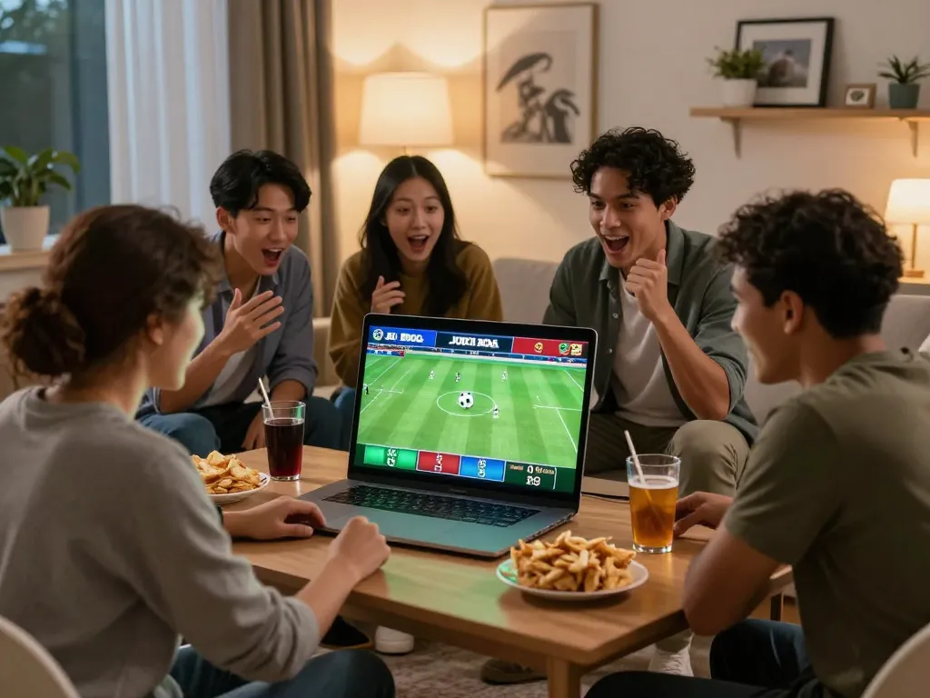 Friends excitedly engaging in Judi Bola online betting in a cozy living room.