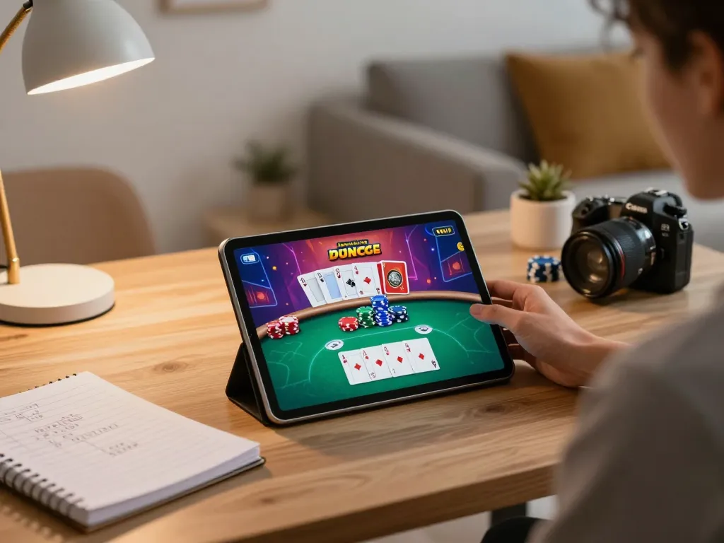 Engaged user playing tg88 online poker on a tablet, demonstrating strategic gaming in a cozy office.