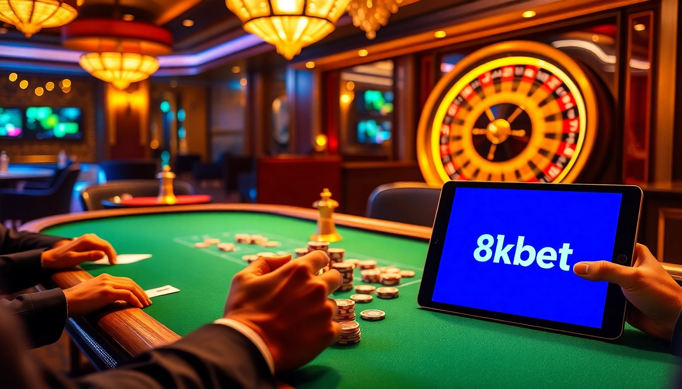 Exciting poker game at 8kbet casino with players focused and chips stacked high.