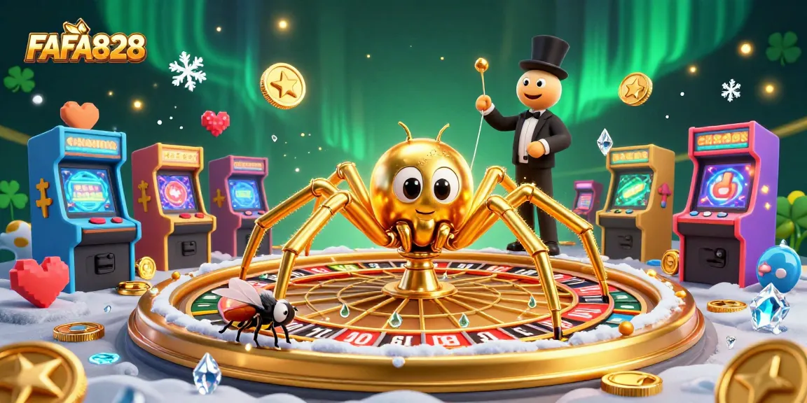 FAFA828: Engage in thrilling bets at a golden roulette web with animated casino characters.