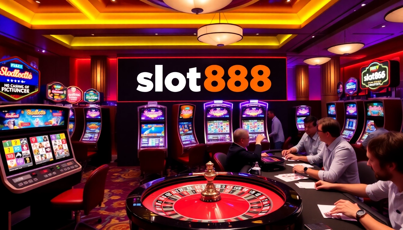 Win big with slot888 at a vibrant casino filled with slot machines and excited players.