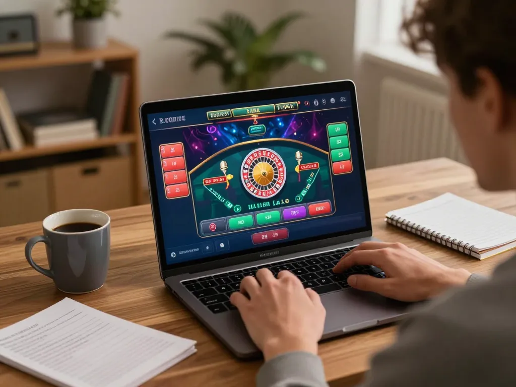 Engaged player exploring 88aa online roulette game on a laptop in welcoming home setting