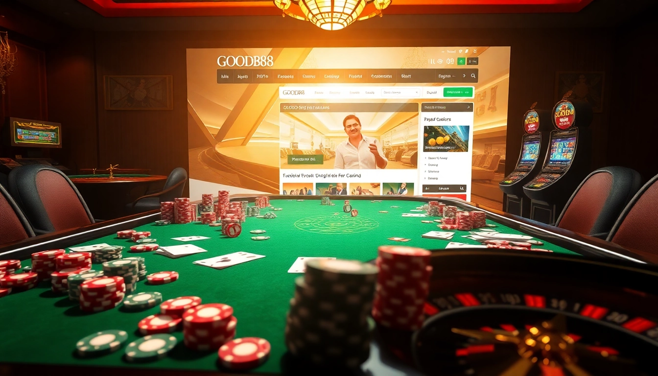 Experience the excitement of online gaming at https://good88k.co/ with vibrant poker chips and an elegant roulette wheel.