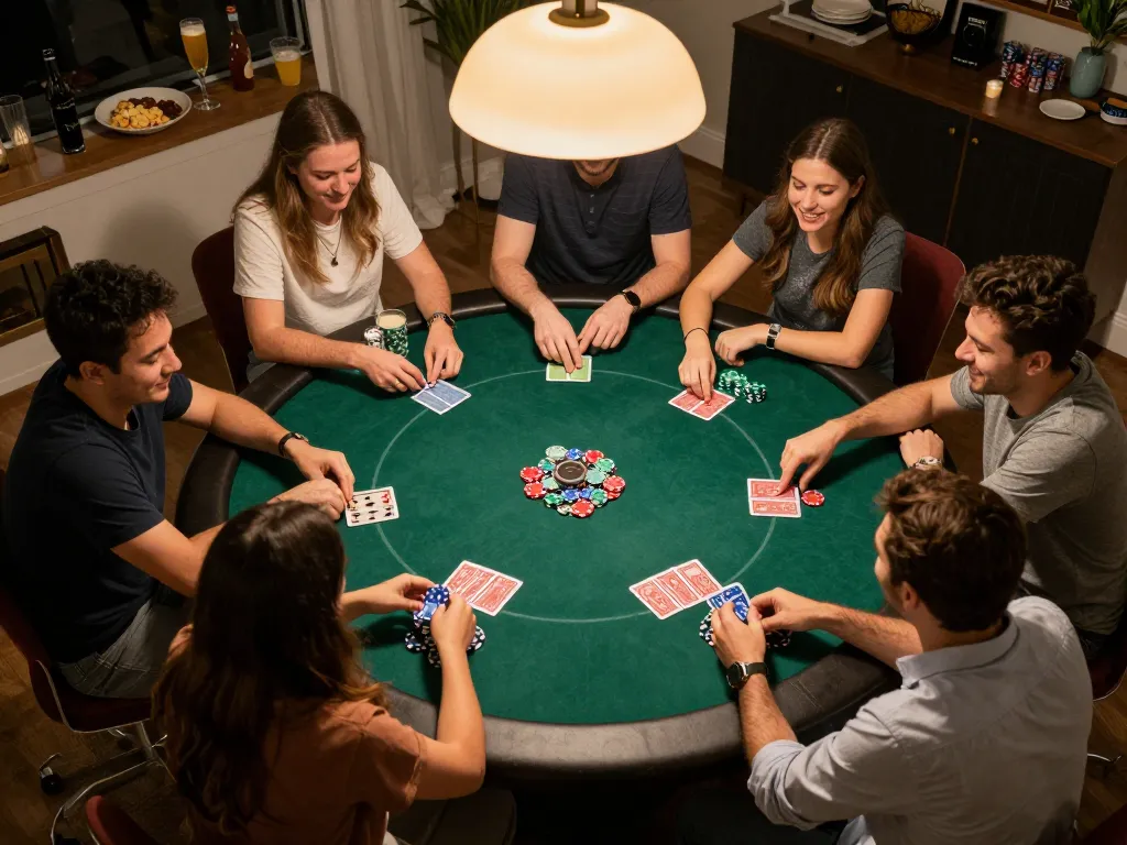 Participants enjoying a lively poker night at home, engaged in strategy and fun, showcasing the tr88 experience of social gaming
