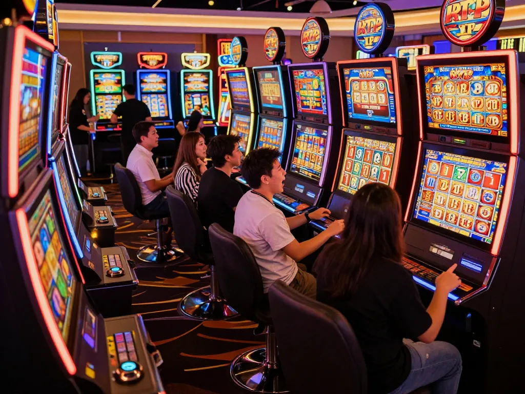 Pemain berinteraksi dengan mesin slot gacor, menikmati permainan RTP tinggi dalam suasana kasino yang semarak.