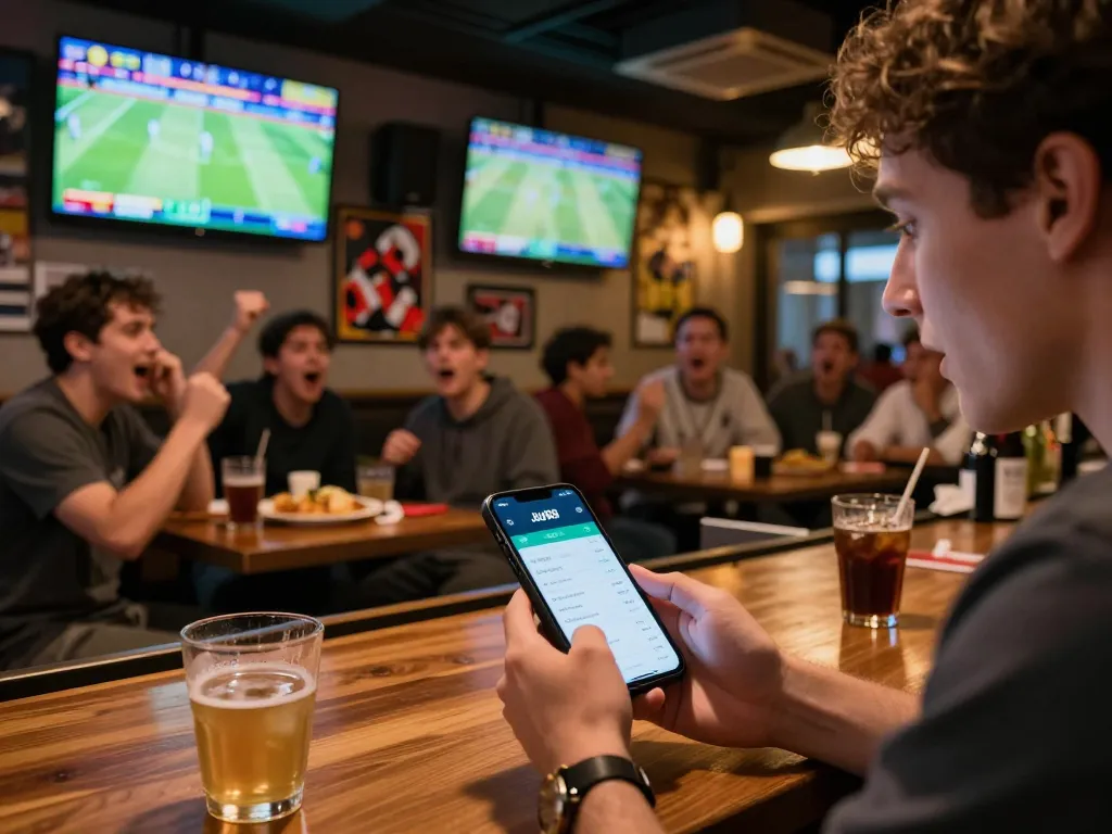 Betting on sports with the Jun88 app while watching live matches in a vibrant sports bar