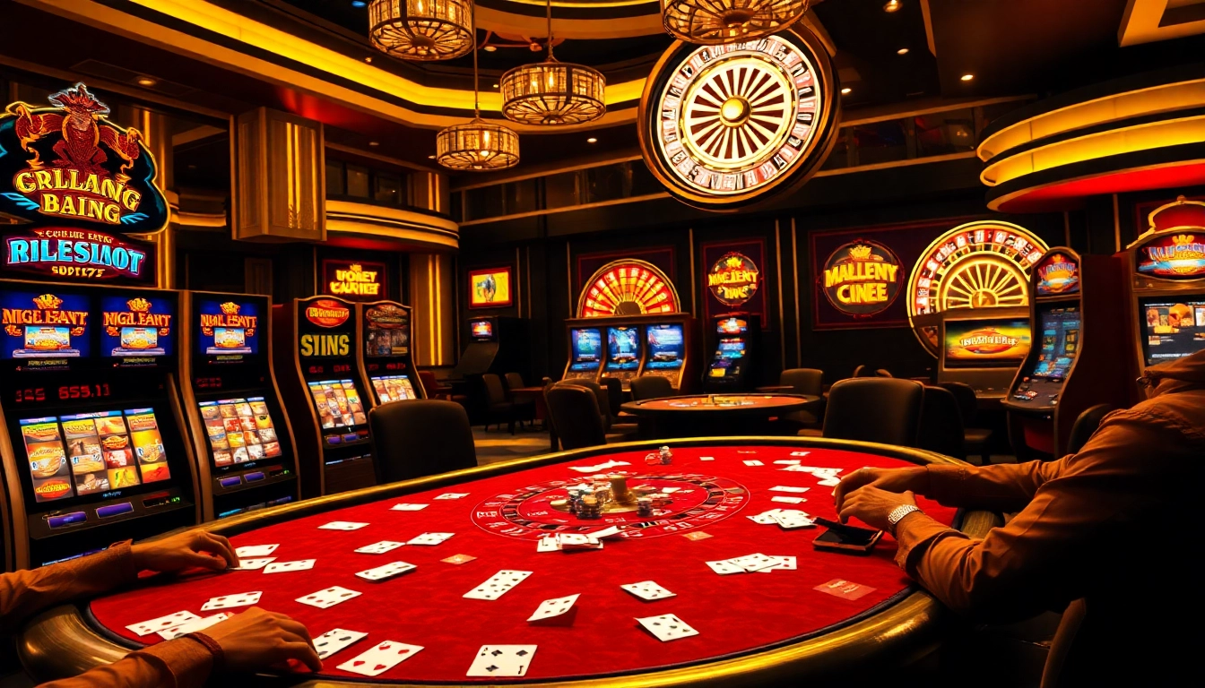 Casino table showcasing intense gameplay at bl555, filled with poker chips and vibrant slots.